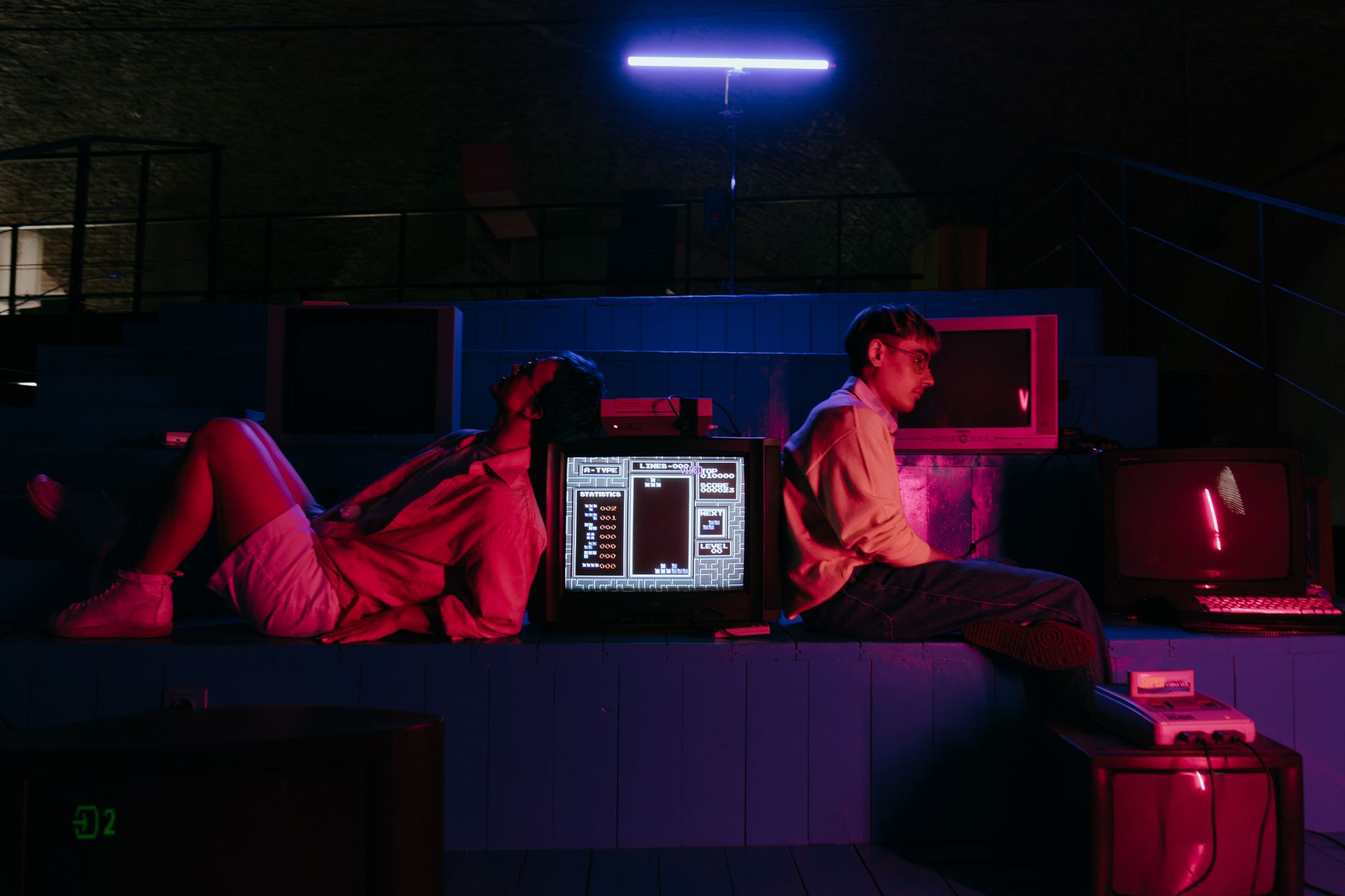 Synthwave neon arcade setup